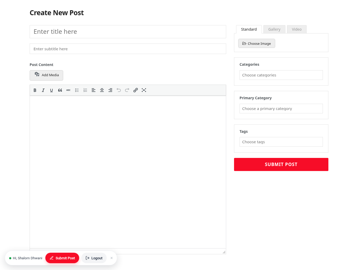 Screenshot of the Shalom Dhwani Create New Post editor form, showing the title, subtitle, content area, format tabs, featured image, categories and submit button